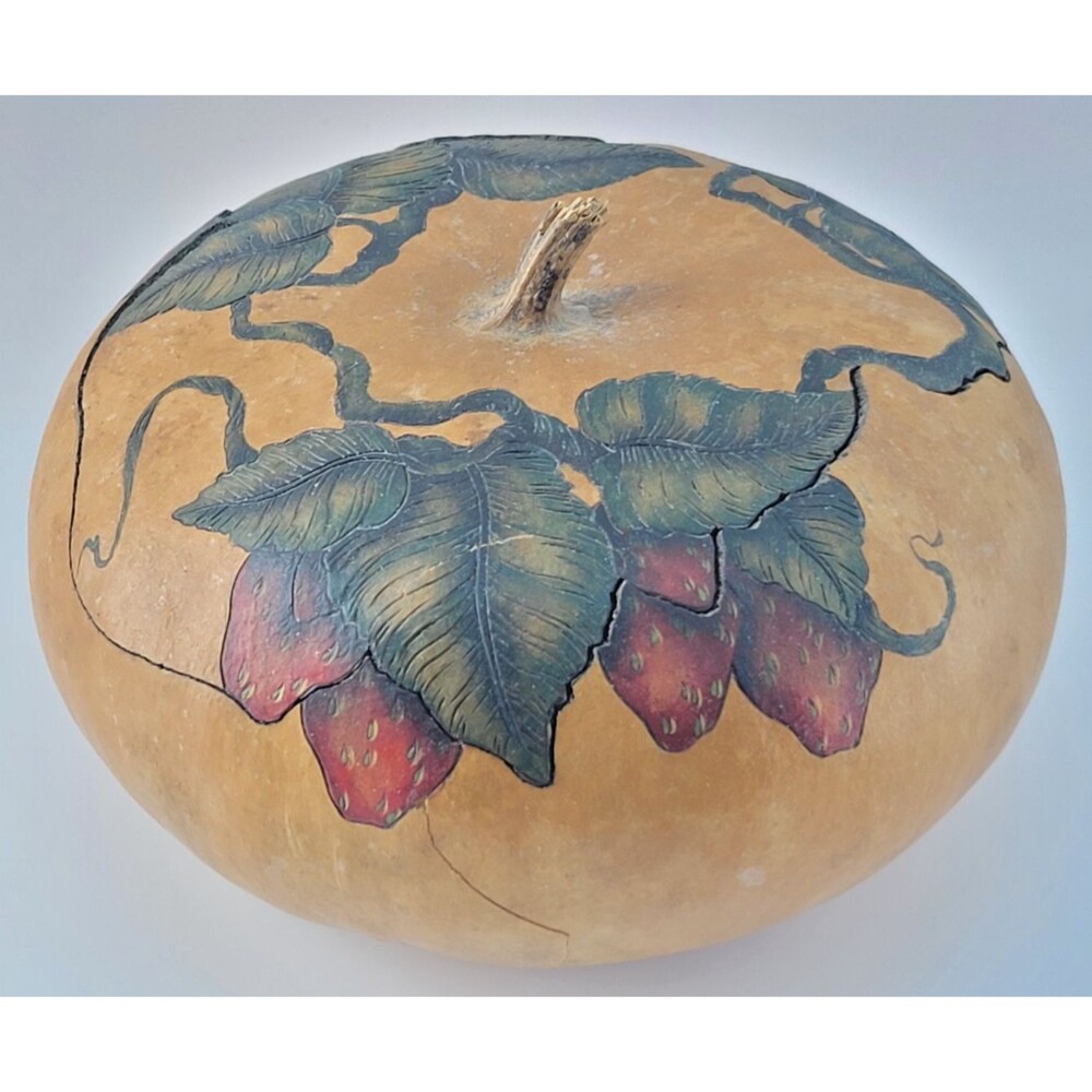 Sweet Vintage Hand Made Painted Strawberry Gourd Folk Art Signed DeVrient 1993